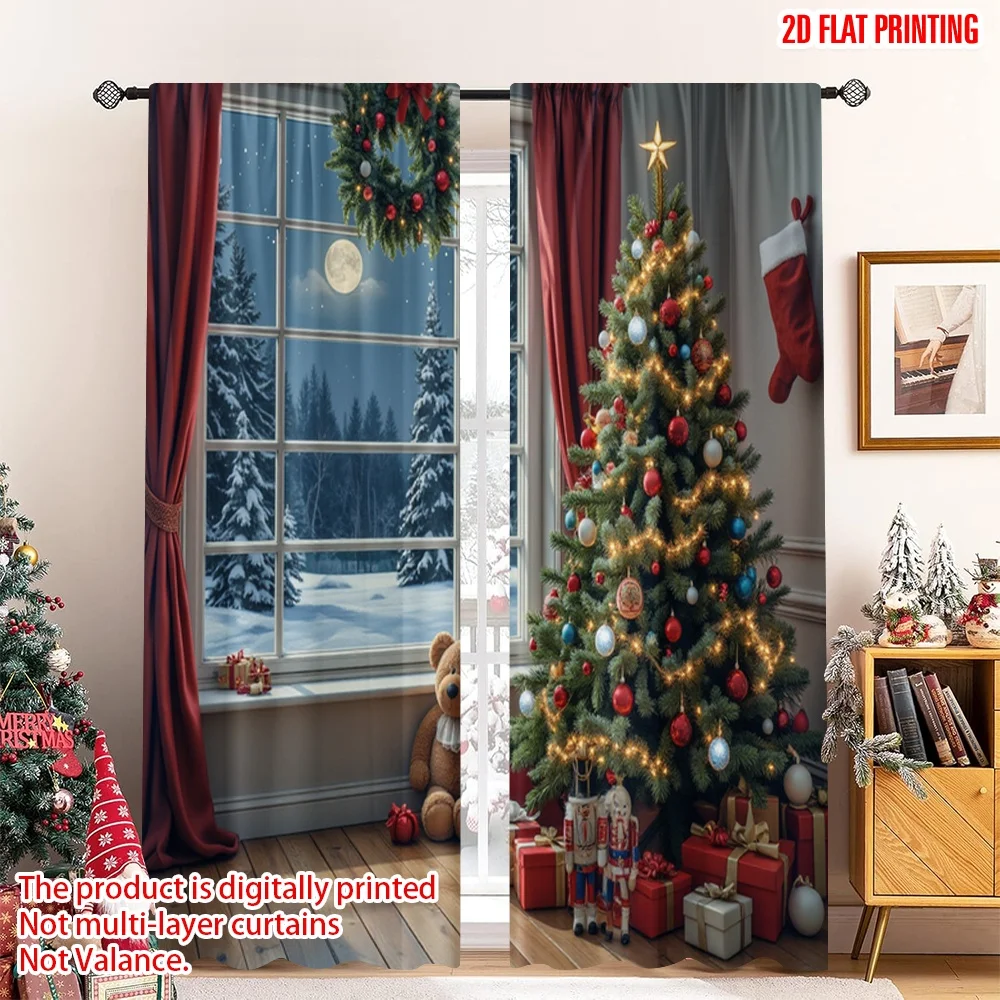 

2pcs 2D flat printing Merry Christmas Drapes Christmas Scene Gifts Polyester Without Electricity Festive Curtains Use for Photo
