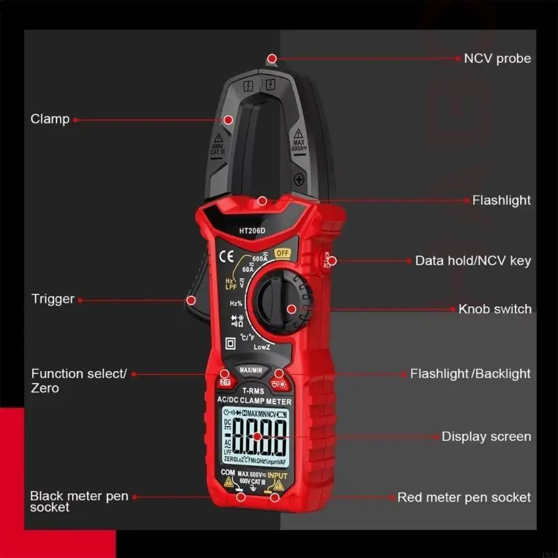 

HT206D Digital Clamp Multimeter with Probe for Electricians Technicians DIY Enthusiasts with Wide Application Ranges 193A