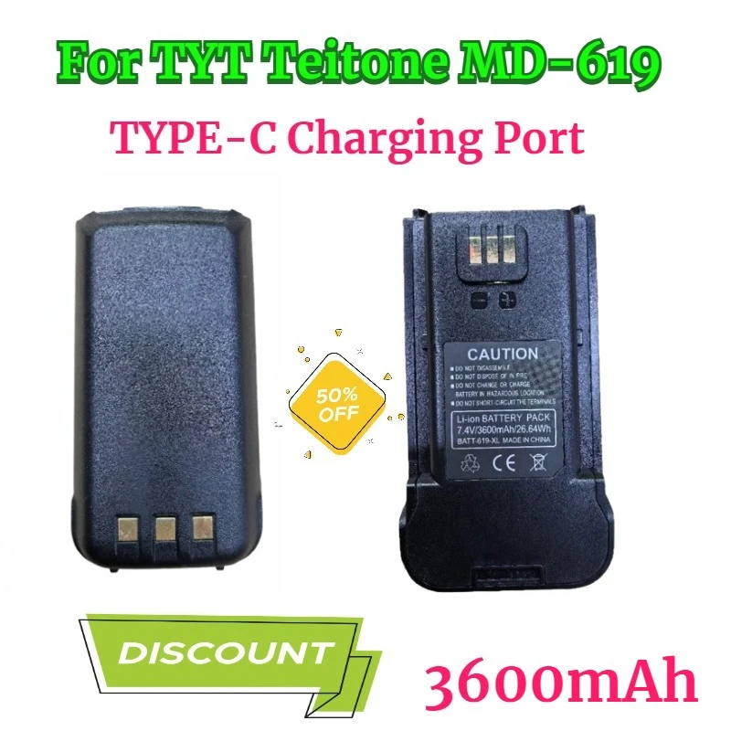 

3600mAh Walkie-Talkie Battery for TYT Teitone MD-619 with TYPE-C Charging Port