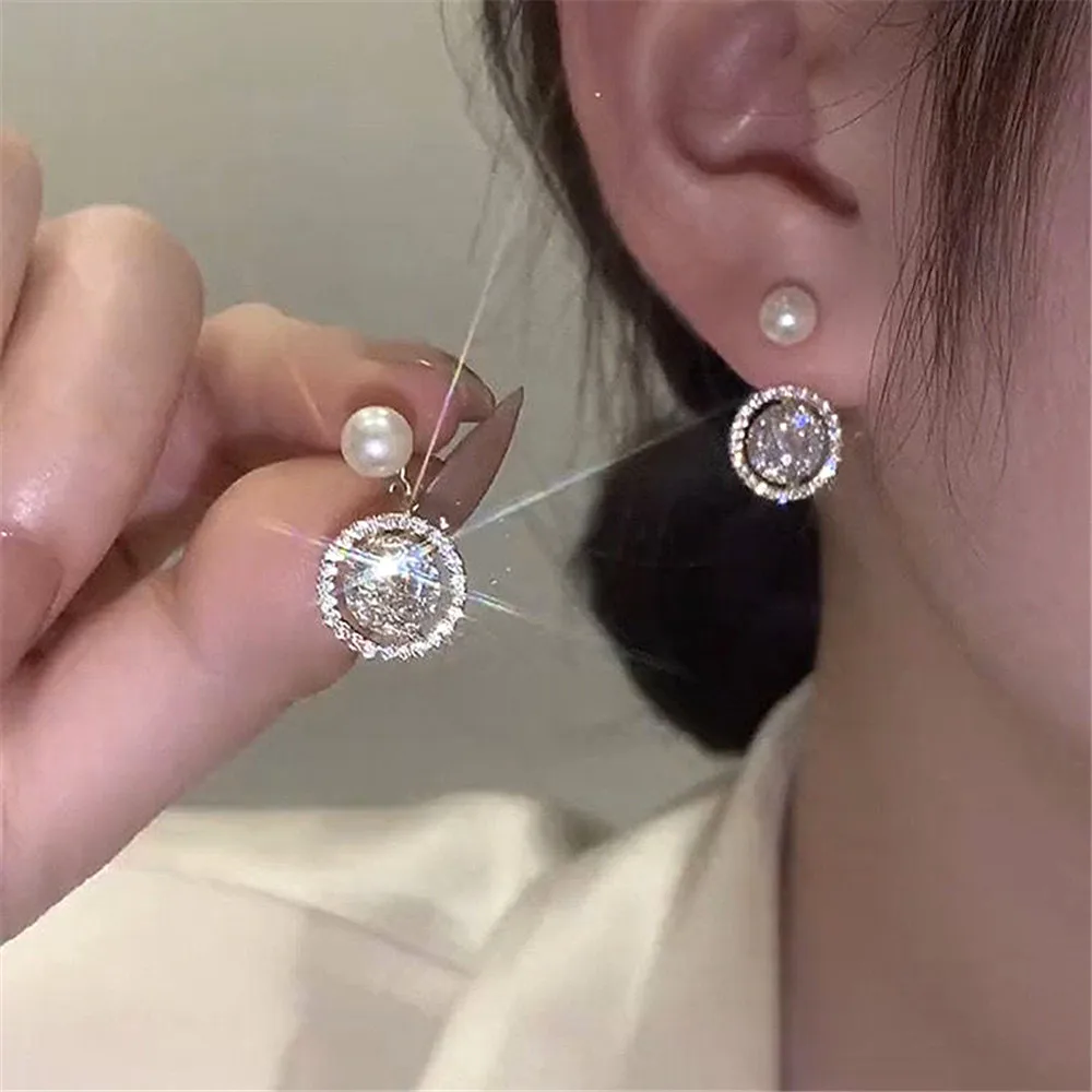 South Korea 18k Gold Plated Pearl Zircon Grid Circle Earrings Popular Design Earrings Fashion Temperament Jewelry Banquet Women