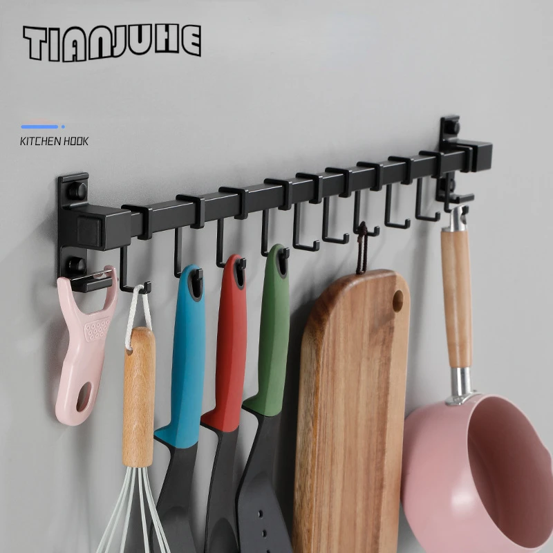 Kitchen Rail with Hooks Wall Mounted Wrought Hanging Utensil Holder Rack with Black Bathroom