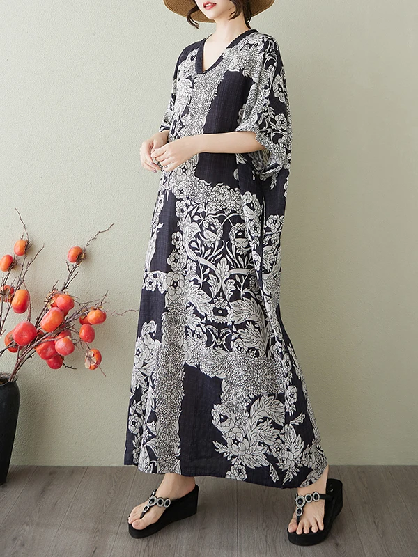 فستان صيفي عتيق طويل Dr Bla مطبوع عليه زهور من القطن والكتان V-Ne للسفر غير رسمي فضفاض الخصر ort Sve H-ape