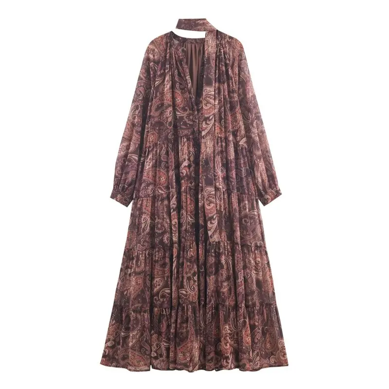 Vestidos Vintage florales con cuello Halter para mujer, vestido largo holgado con cuello en V y lazo frontal, vestidos largos bohemios elegantes para vacaciones en la playa