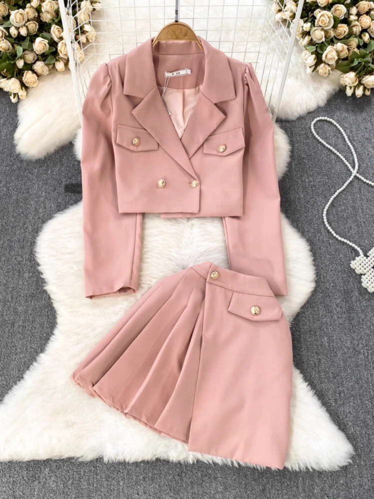 

Small Fragrance Two Piece Sets Long Sleeve Short Coats+high Waist Mini Pleated Skirts Female Slim Elegant Design Women Clothing