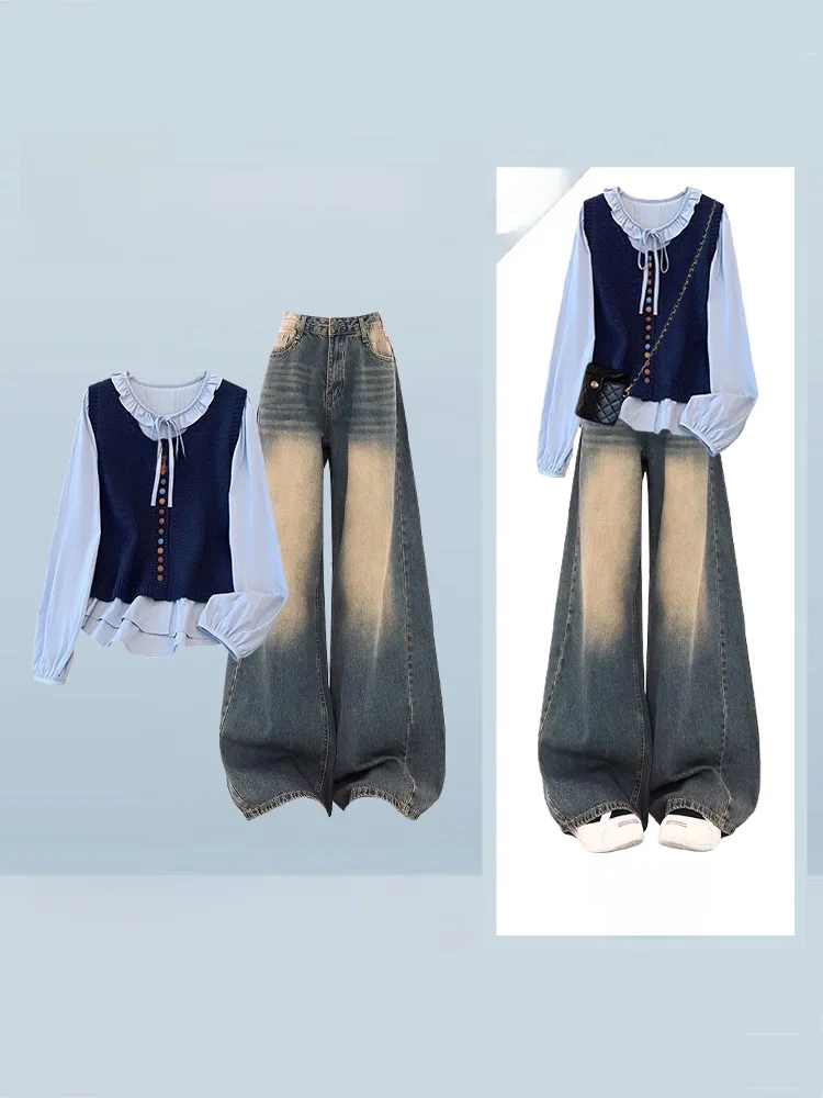 

Вязаный жилет irt, комплект из двух предметов, осень-зима, джинсы с высокой талией, цветной дизайн с воротником, повседневный ансамбль Sle Fem Faion