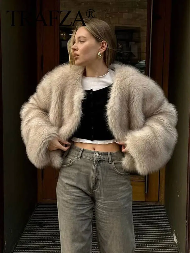 HH Vrouwen Mode Effen Nepbontjas O Hals Lange Mouw Cropped Jas Herfst Winter Vrouwelijke Mode High Street Bovenkleding
