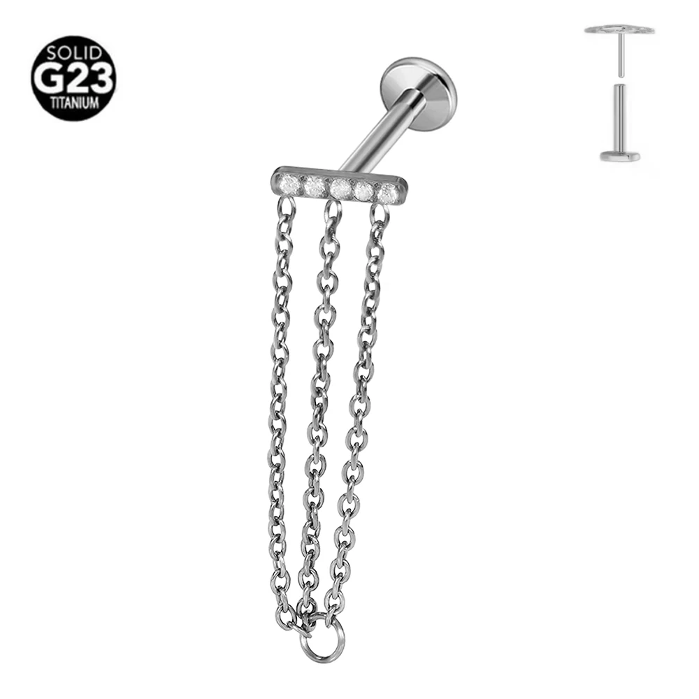 100% G23 Titanium Chain Tragus Earring Stud 16/18/20G Push In Threadless Labret Piercing  Cartilage Body Jewelry