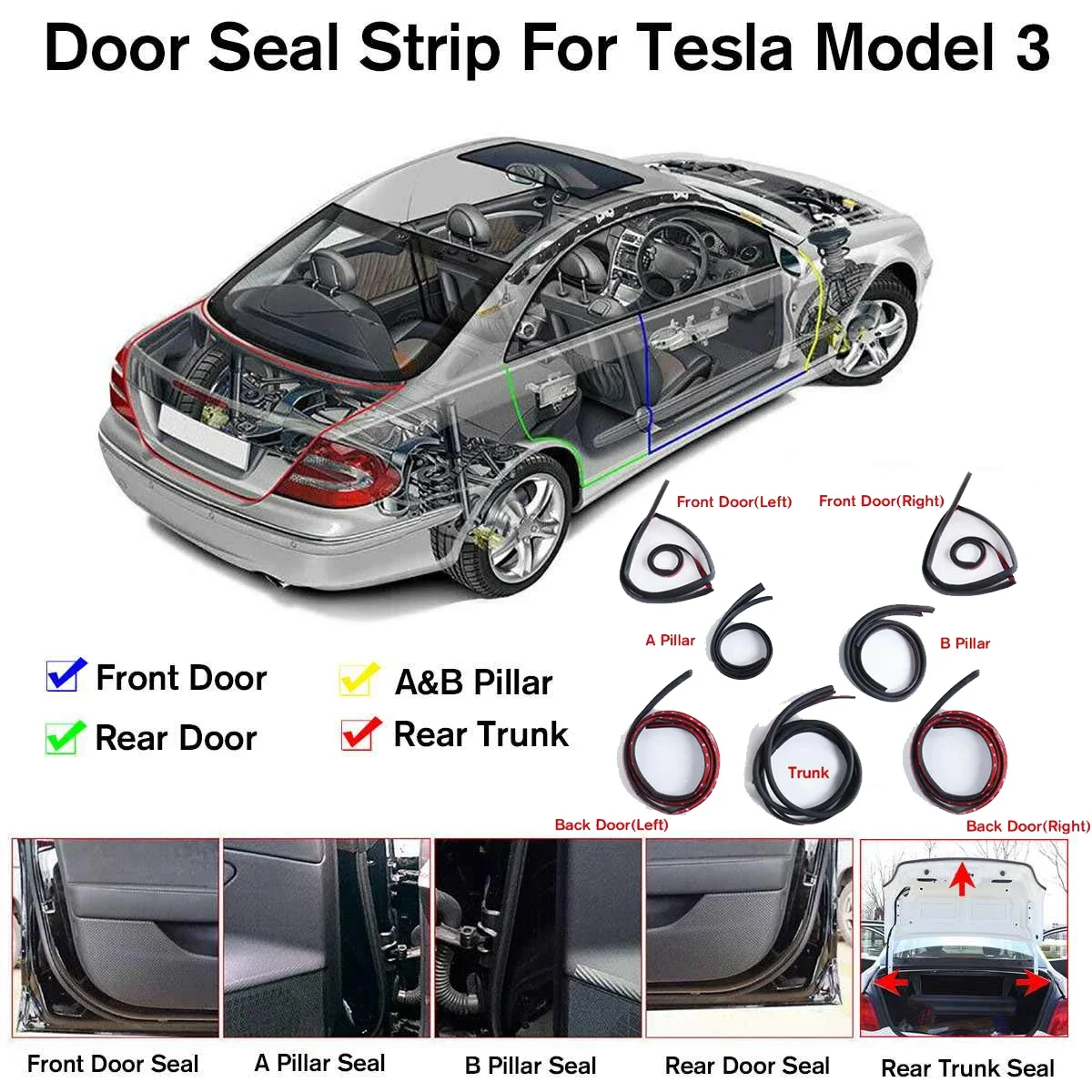 

Car Door Trim Moulding Rubber Weatherstrip Seal Strip Door Seal Kit Soundproof Wind Noise Reduction For Tesla Model 3 7PCS
