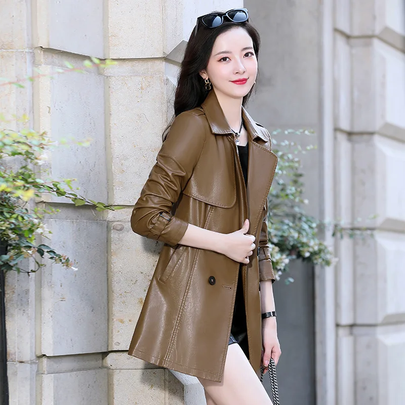

Turn Down Collar PU Leather Jacket Autumn New Fashion Temperament Fashion Coat Versatile Medium Long Jacket Women's Top