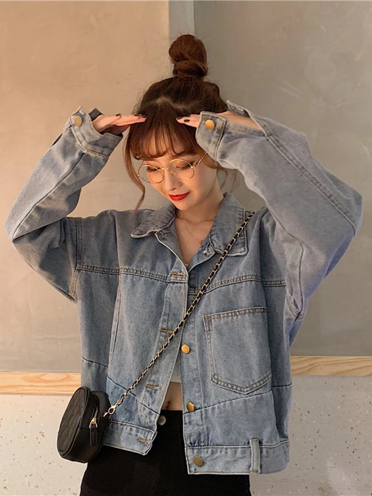 

Sli ort Denim Jaet for Women Summer New Retro Hong Kong Flavor BF Sle Trendy Top Ins Flared Sve Collar Sing...