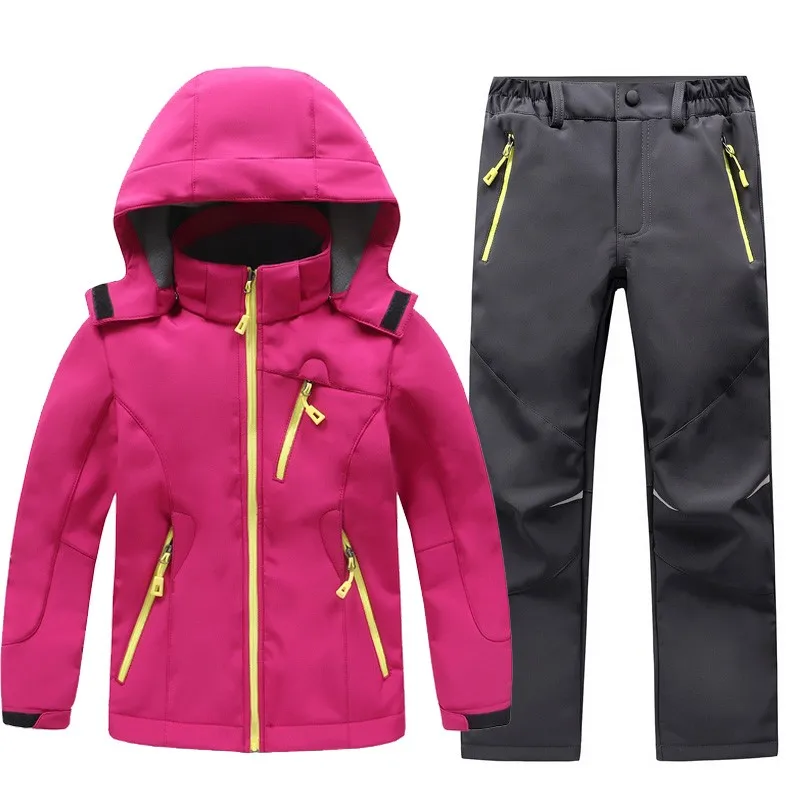 Herbst Winter Junge Mädchen Mantel Hosen Set Haube Im Freien Camping Wandern Ski Snowboard Kleidung Student Winddicht Wasserdichte Jacke