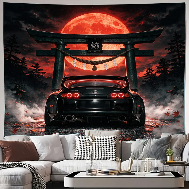 Japanese Torii Gate Moon Car Anime Supra JDM Wall Tapestry Curtain Window Decoration Art Print Home Decor