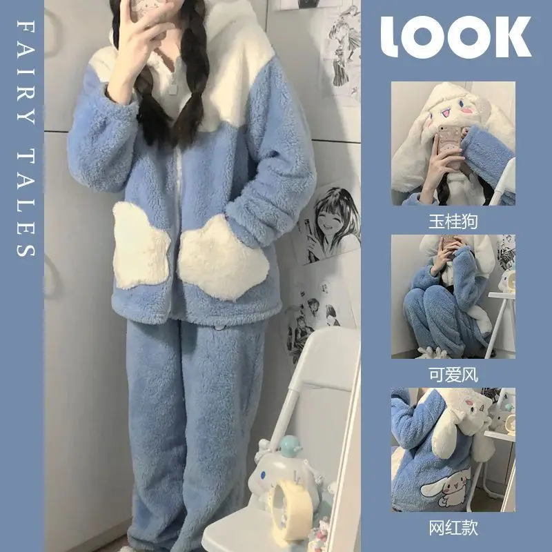 Sanrios Cinnamoroll Pajamas Hooded 2 Pcs Pajama Sets for Women Zipper Warm Cotton Plush Nightgown Thickened Winter Soft Homewear