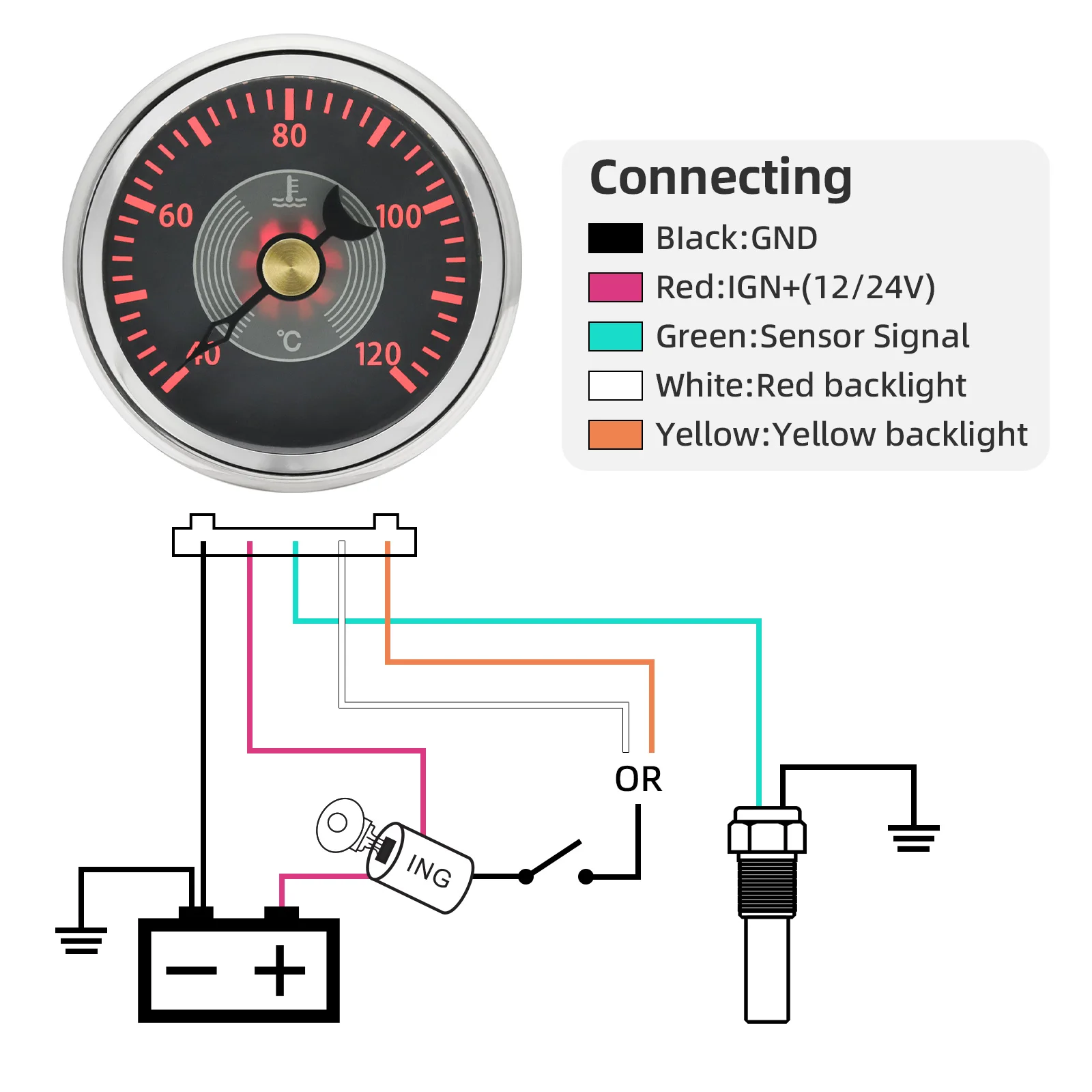 Retro 52mm Water Temperature Gauge 40-120℃ Pointer Meter 1/8 NPT Water Temp Sensor Universal for 12V 24V Car Boat Yacht Custom