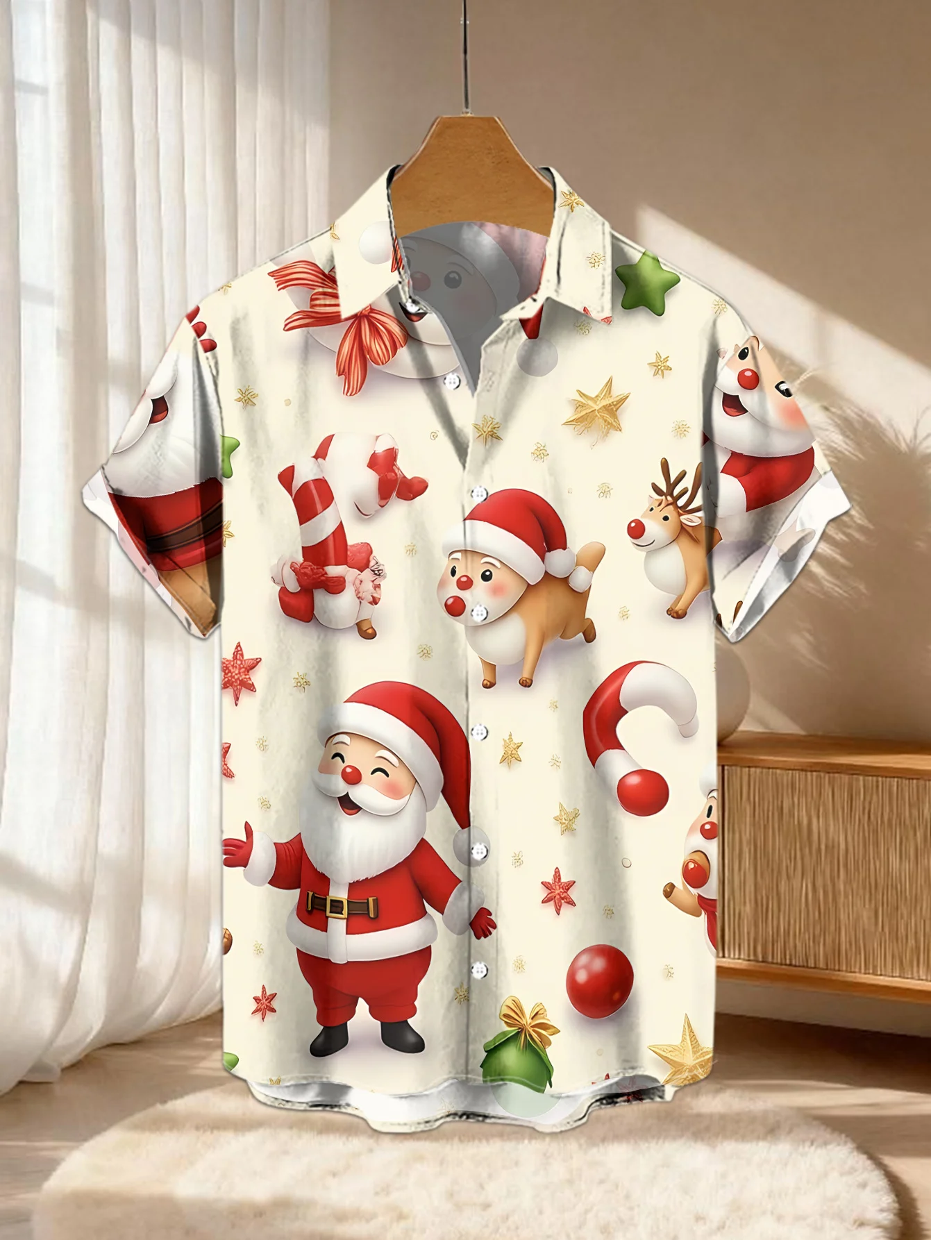 Men Short Sleeve Shirt Christmas Santa Reindeer Candy Cane Print Lapel Casual Holiday Button Down Tops Men's Clothing