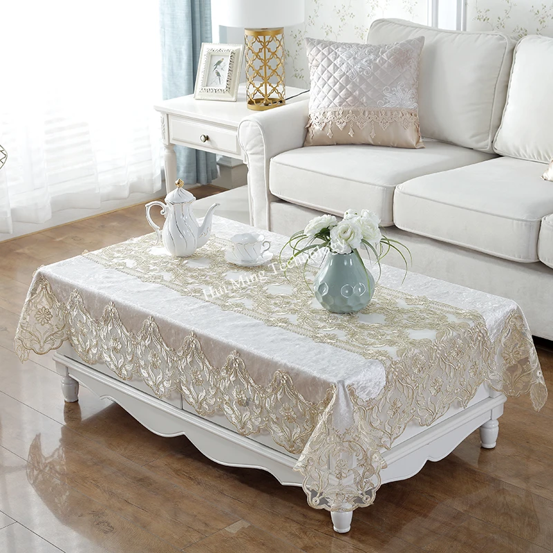 White Table Cloth Embroidered Golden Velvet Luxury Table Dining Table Cover Rectangle TableCloth Home Lace Cabinet Dust Cover