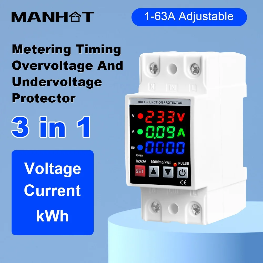 

3IN1 Дисплей 63A Регулируемое реле защиты от перенапряжения и пониженного напряжения Предел защиты от перегрузки по току