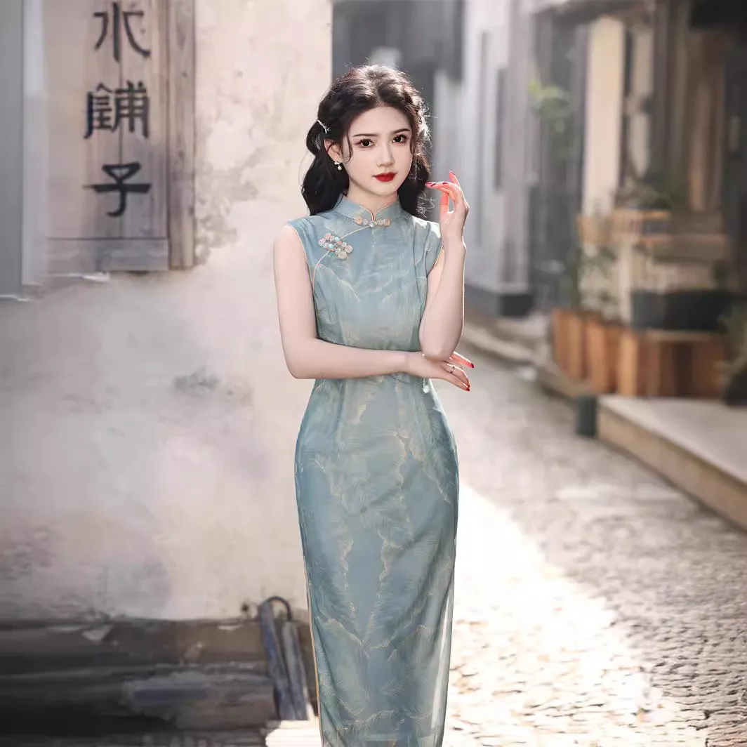 

Improved Traditional Chinese Leaf Printed Sleeveless Cheongsam Dress for Women 2024 Summer Retro Double Layer Long Qipao Dresses