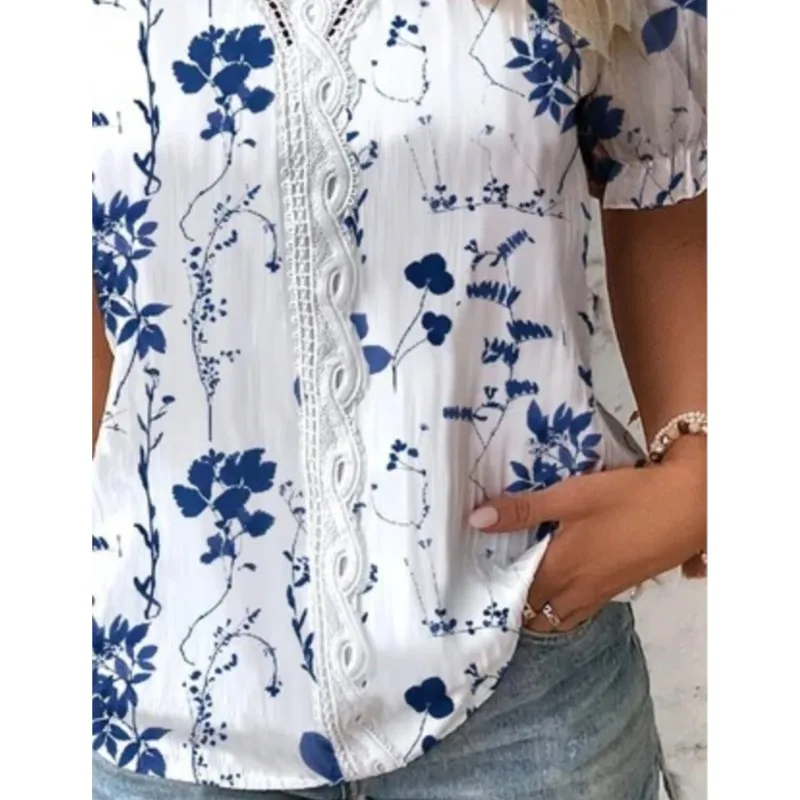 Floral Print Women\'s Blouses Fashion Sexy V-neck Casual Short Sleeve Tops Shirts Elegant Office Ladies Shirts Female Streetwear