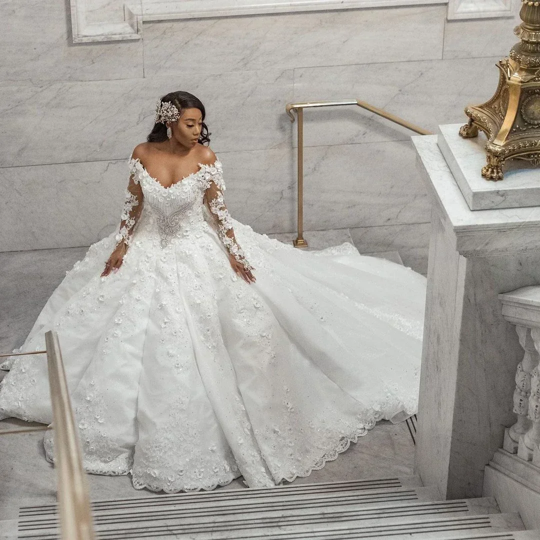 

Customized Plus Size 3D Floral Appliques Wedding Dresses Cathedral Train Off The Shoulder Long Sleeves Crystals Bridal Gowns