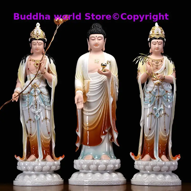 large 3P High grade jade XI FANG SAN SHENG Buddha Bodhisattva Shakyamun Guanyin goddess worship shrine Efficacious protection