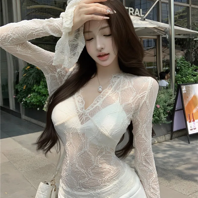 

Slim Fit Lace Shirt Women's Summer New Style Sexy Long Sleeve Translucent Breathable Waist Cinched Micro Exposure Top