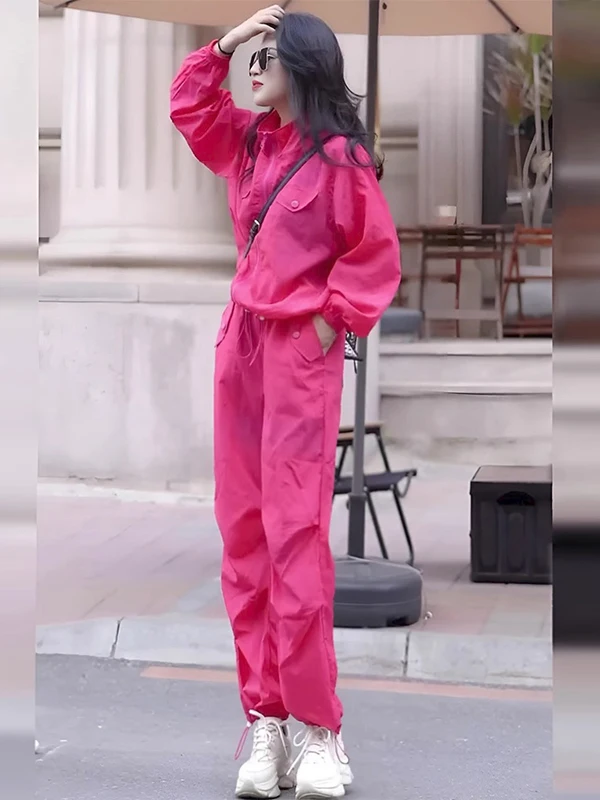 

Cool Casual Sportswear Set Women's Autumn Fashionable Streetwear Pink Sun Protection Jacket Pants Two-Piece Set Long Sleeve Z...