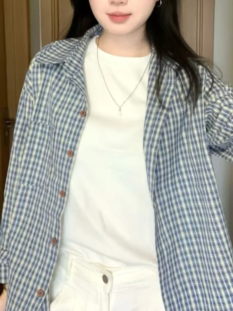 

Blue Plaid Lazy Sle Korean irt Women's Winter Loose Personali Top Long Sve Layered Slimming Outerwear