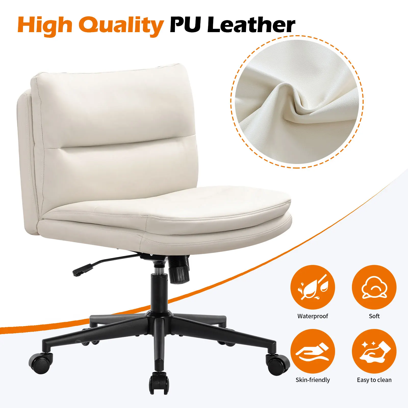 Office Chair Armless Desk Chair with Wheels, PU Padded Wide Seat Home Office Chairs, 120° Rocking Mid Back Cute Computer Chair f