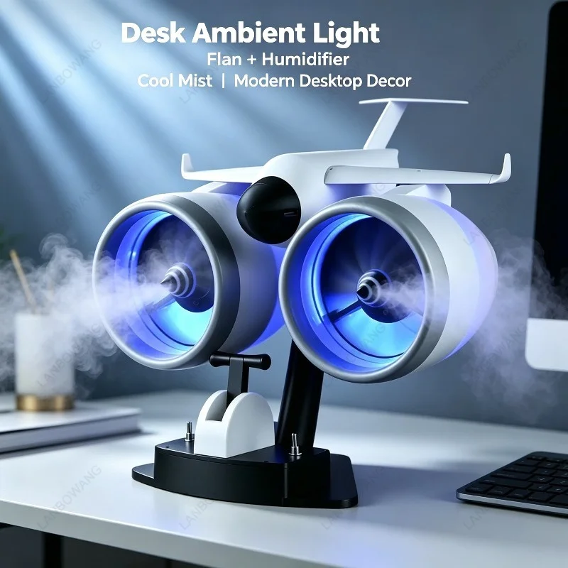 Dual Turbo Jet Engine Fan, Mist Spray Humidifier, Aircraft Model Desktop Toy Fan, Strong Airflow USB Gadget for Home Office
