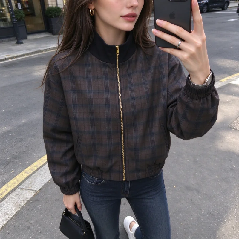Plaid Bomber Jacket Dark Brown Check Casual Relaxed Fit Long Sleeve Outwear Stand Collar Gold Zip Front Elastic Cuffs Streetwear