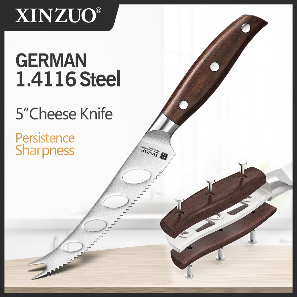 XINZUO 4-hole Cheese Knife Stainless Steel Multifunction Baking Tools Pizza Butter Cutter Red Sandalwood  Handle