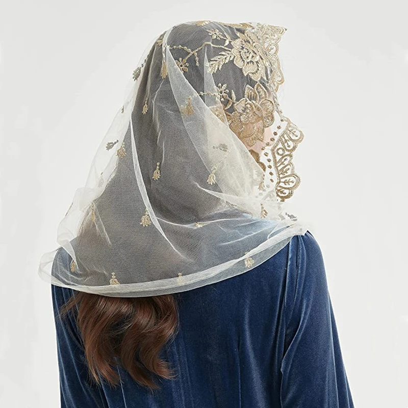 غطاء رأس من قماش التول المطرز باللون الذهبي من Infinity Mantilla للنساء لباس كاثوليكي للصلاة مصلى إسباني أسود عاجي مع مشابك