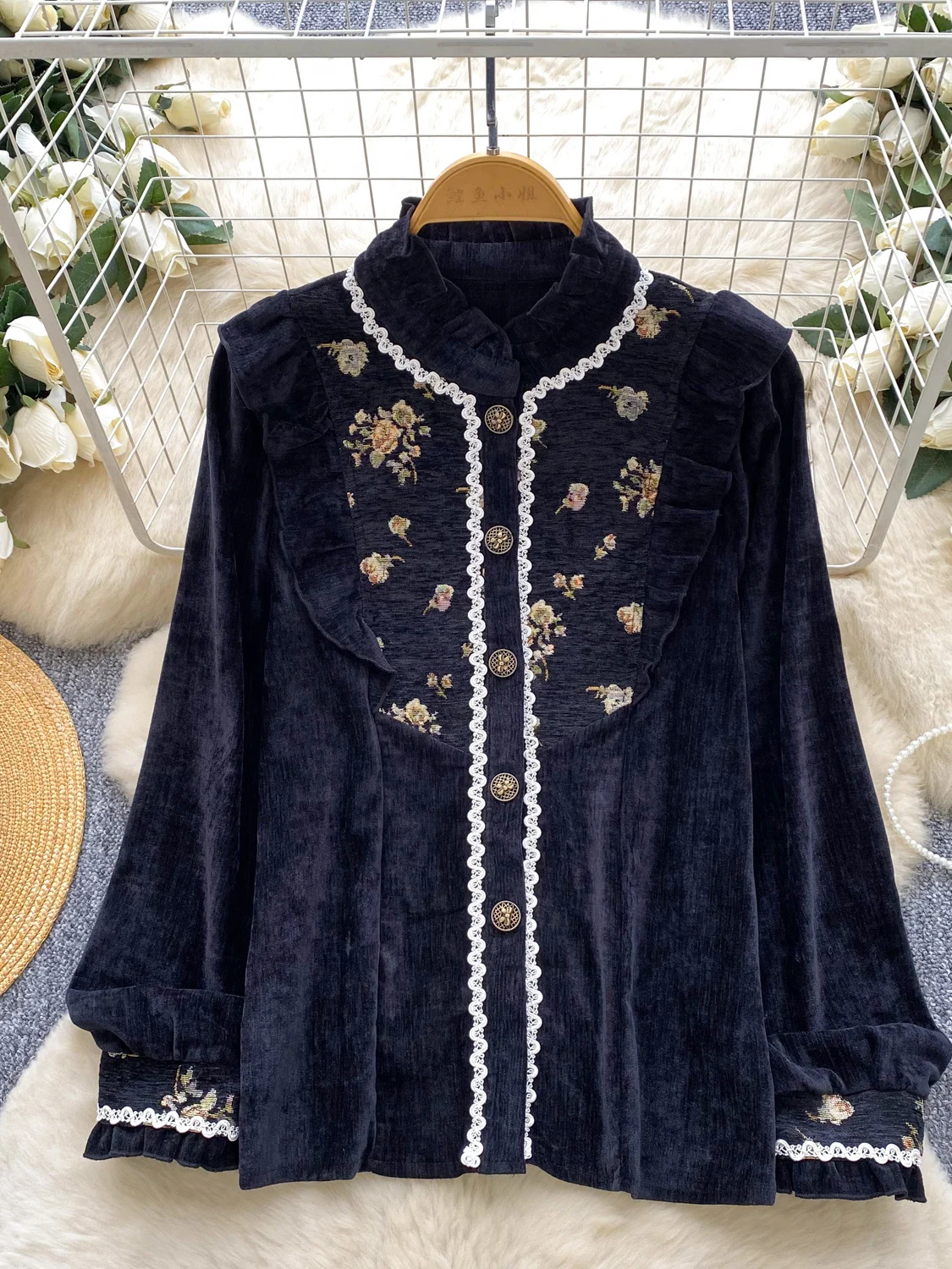 Damska haftowana koszula jesienno-zimowa w stylu francuskim retro, z koronką, długim rękawem, aksamitna, wysokiej jakości, uniwersalna bluzka, top damski BL260