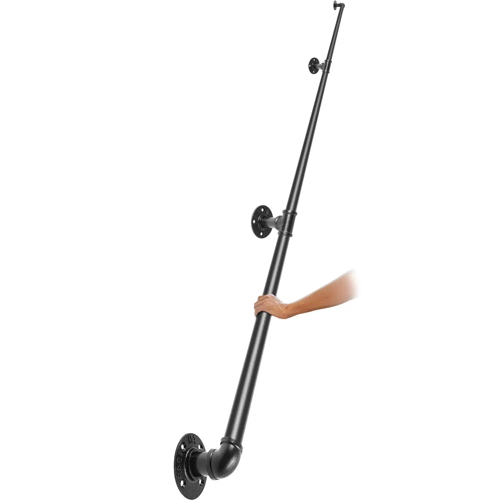 

10FT Pipe Stair Handrail 440LBS Load Carbon Steel Industrial Handrail with Wall Mount for Indoor Outdoor