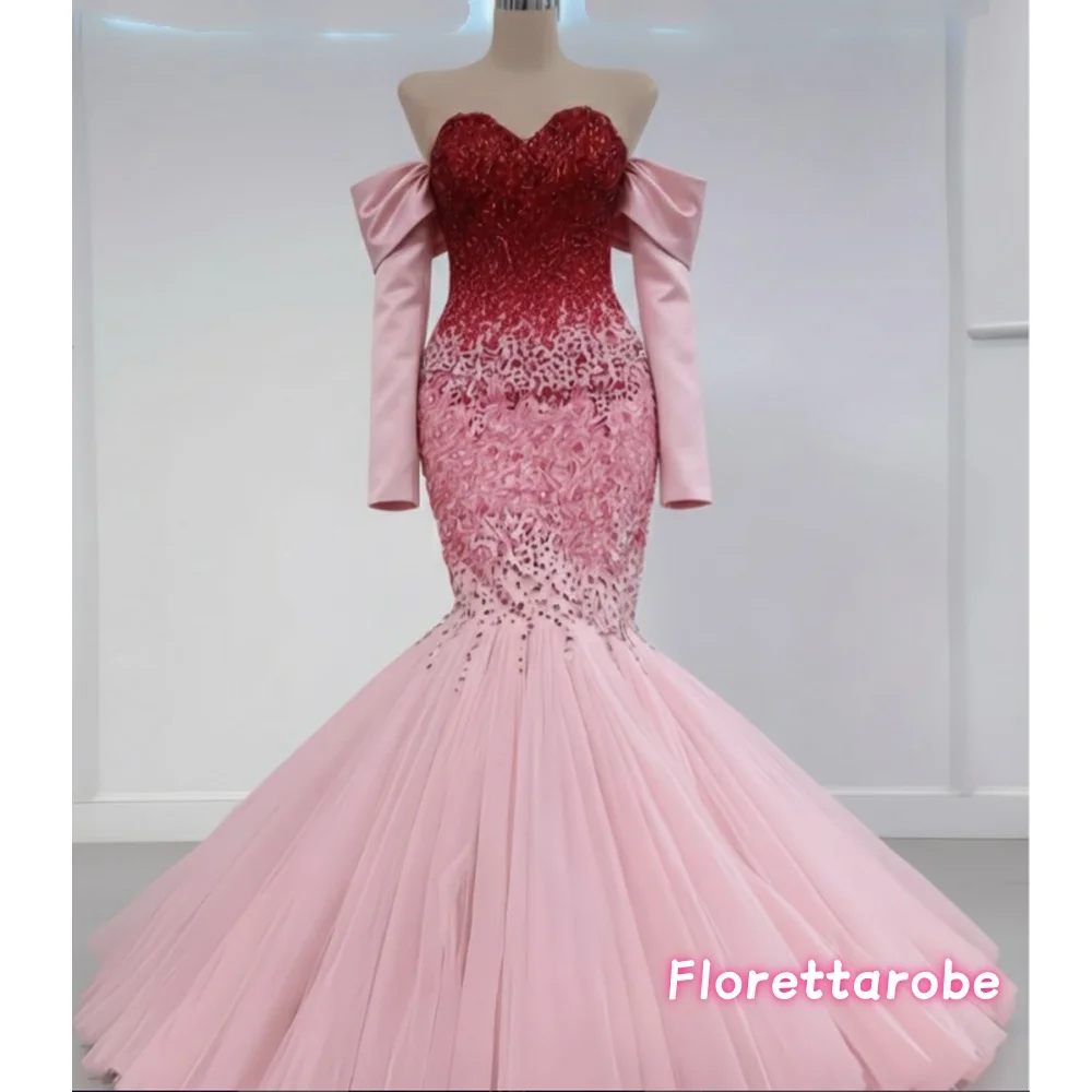 

Customized Illusion Pink Memraid Evening Dress Sequin Off The Shoulder Prom Dresses Eegant Stunning Gala Party Dresses