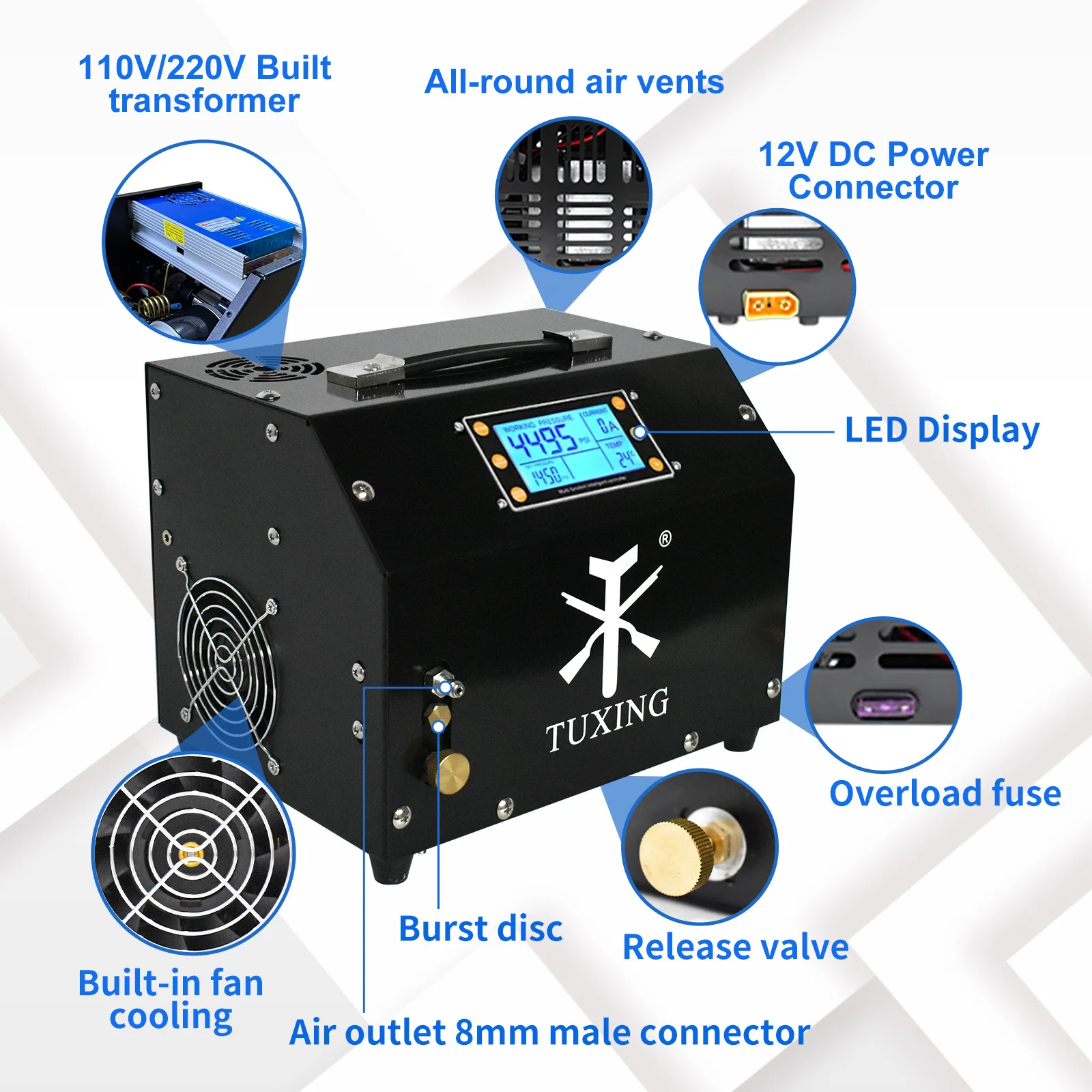 TUXING 4500Psi 300Bar PCP Air Compressor with LCD Display Digital Control Compressor Auto-Stop 12V Power Adapter for PCP Tank