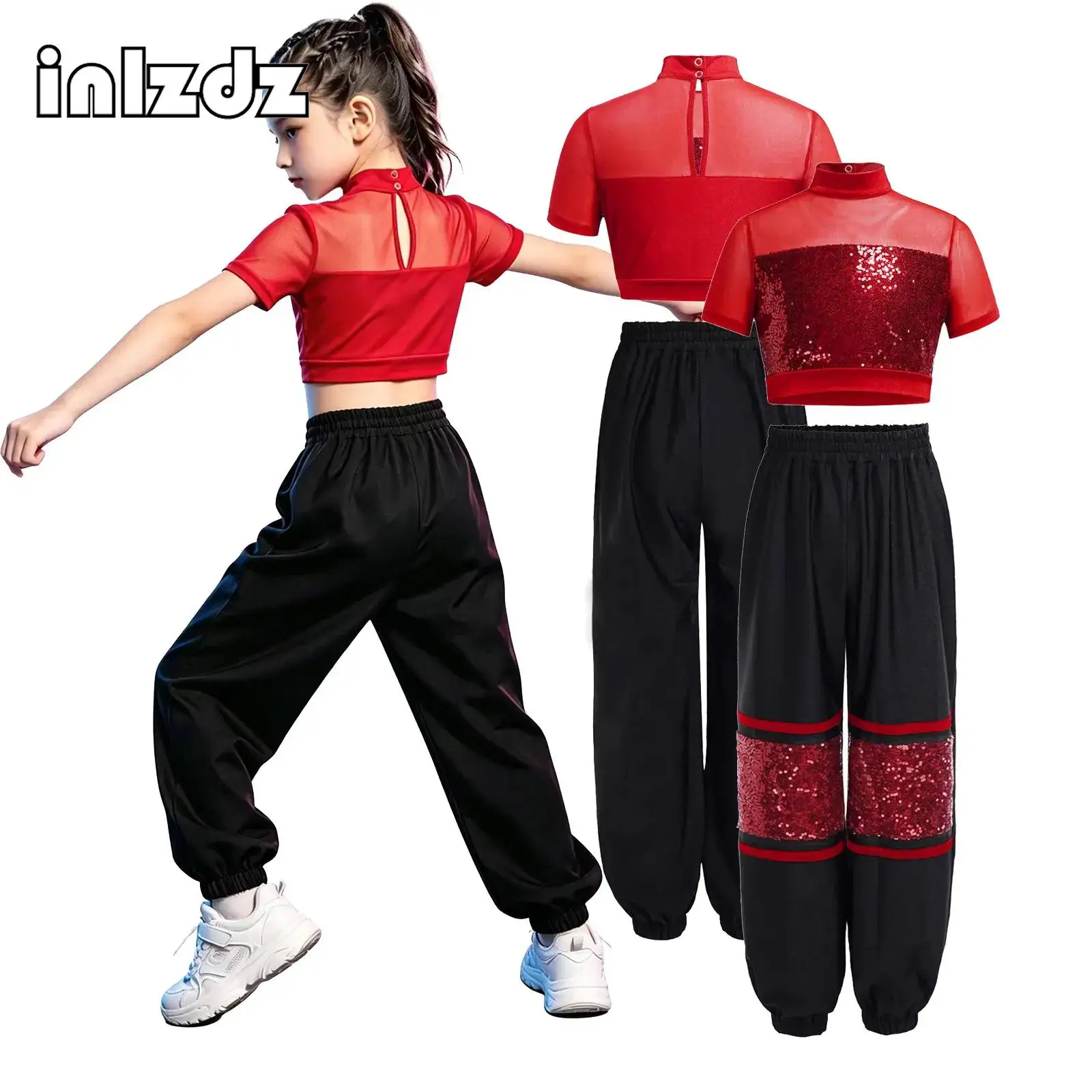 

Children Girls Hip Hop Jazz Street Dance Costume Set Short Sleeve Shiny Sequin Crop Top with Cargo Pants Performance Dancewear
