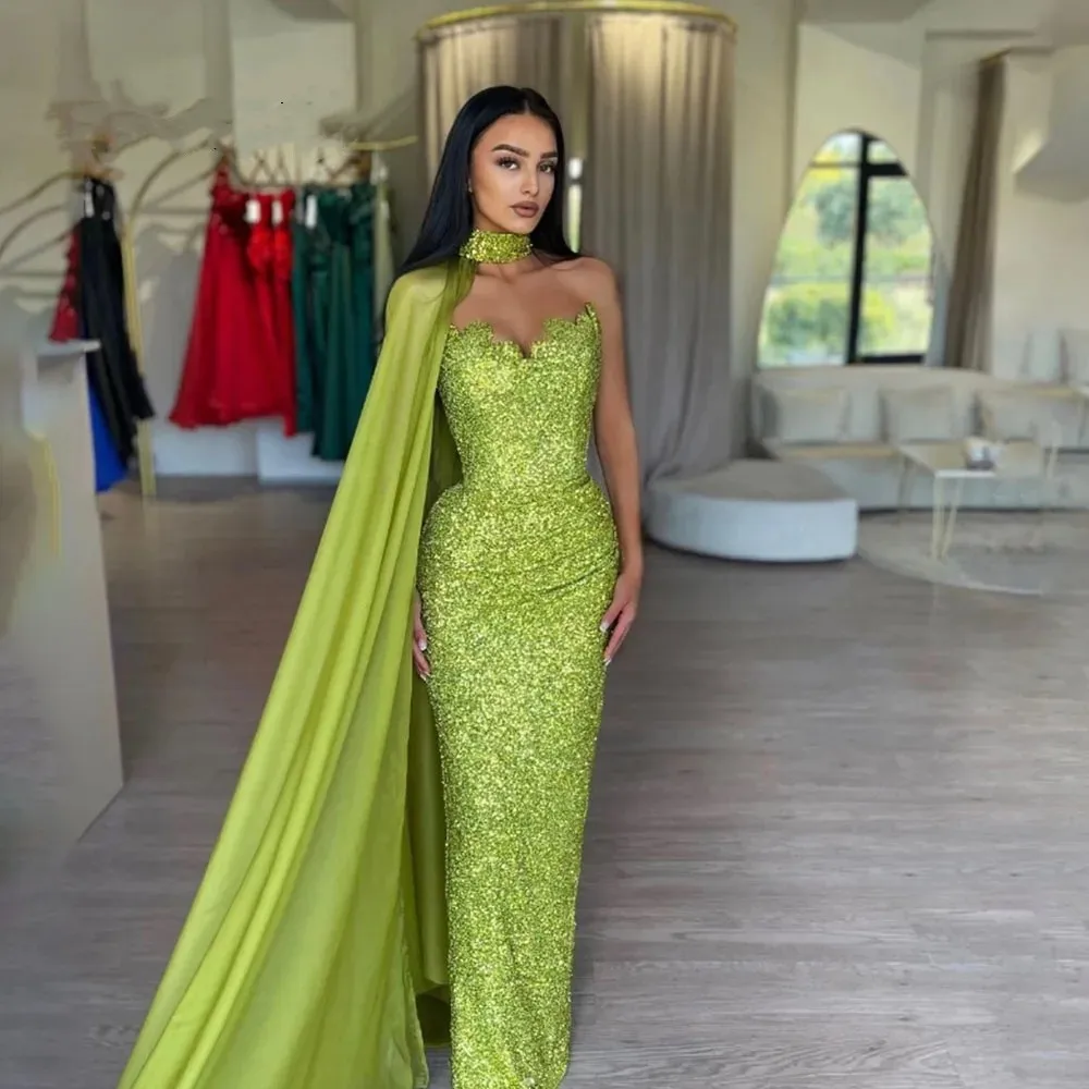 Vestido De noche con lentejuelas verdes para mujer, traje Sexy De sirena, ajustado, fruncido, Formal, con capa, largo hasta el suelo