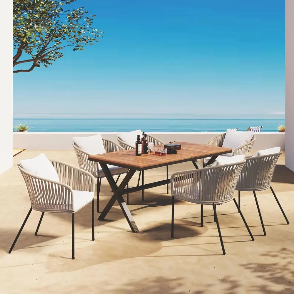 

All-Weather 7-Piece Patio Dining Set with Acacia Wood Table and Metal Chairs for Outdoor, Garden, Backyard, Balcony