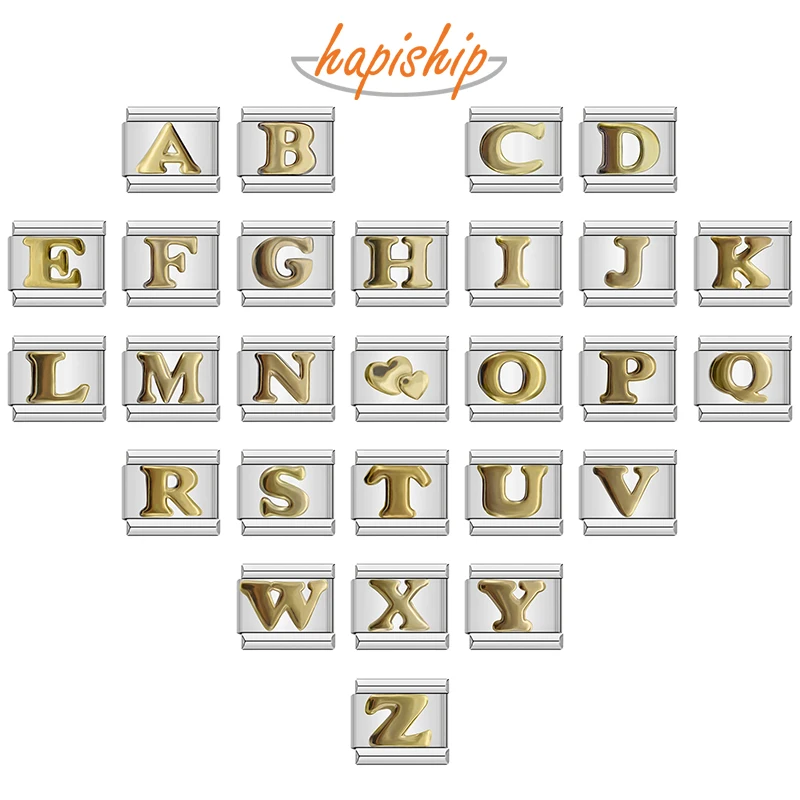 Hapiship New 2024 Fashion Women 26 Letters A-Z Italian Charm Links Fit 9mm Bracelet Stainless Steel Jewelry Making DJ110