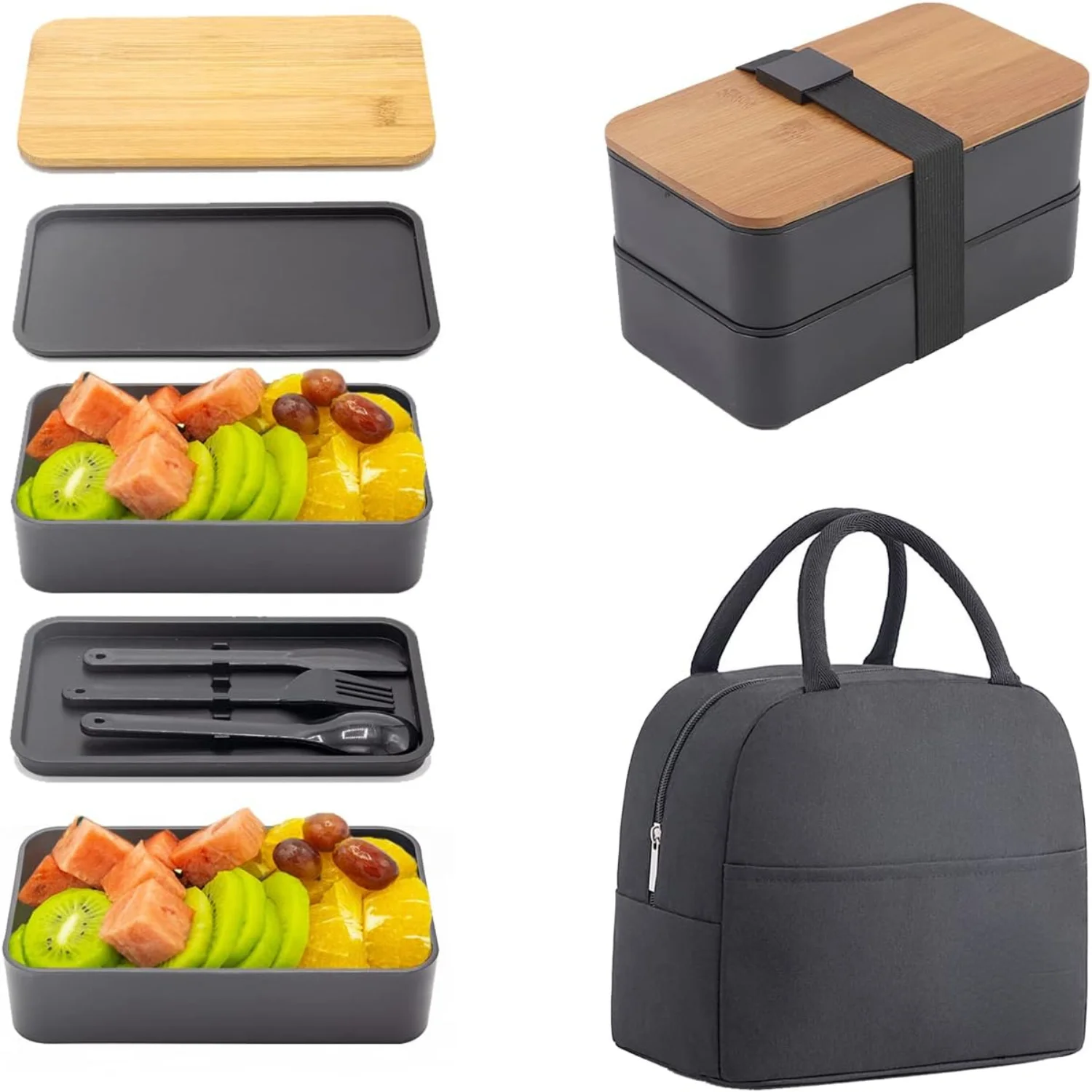 Japanese Bento Box Set with Lunch Bag for Adults - Stackable Containers with Dividers - Black Color