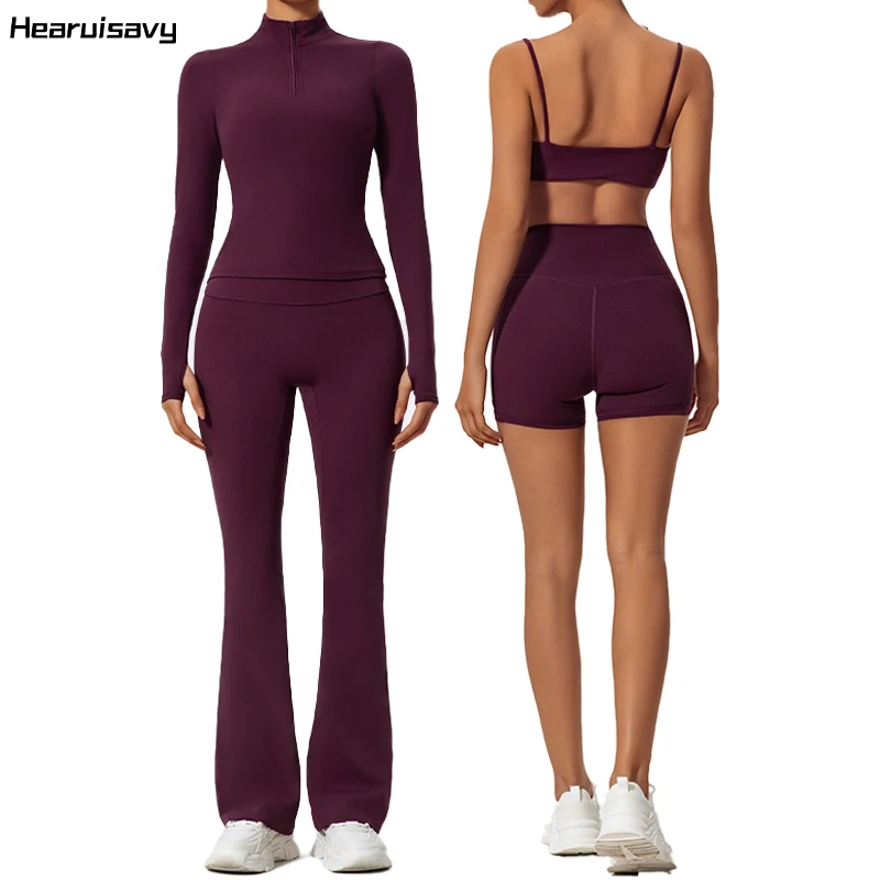 Hearuisavy Summer Long Sleeve Workout Suit Sports Set Women Quick-Dry Gym Bra Set Short Tracksuit Running Workout Yoga Clothes
