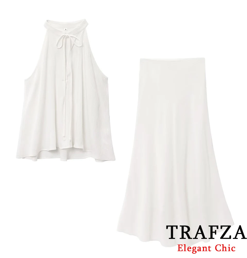 

TRAFZA Summer White Halter Set Women's Sleeveless Top Or Midi Skirt 2025 Summer Fashion Elegant Minimalist Holidays Skirt Set