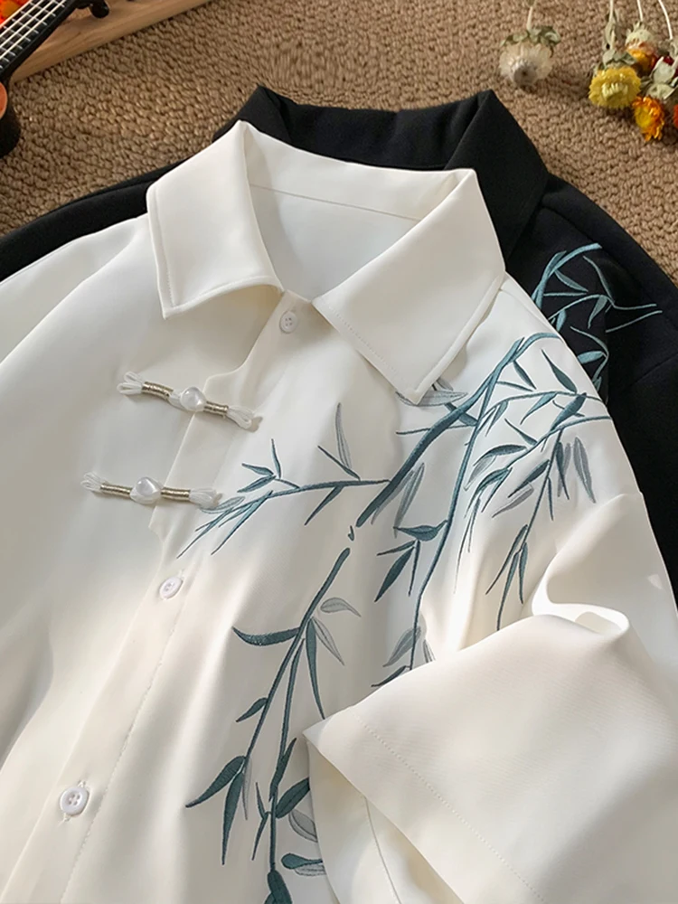 

Новый китайский летний комплект из лёгкой ткани с вышивкой из ледяного шёлка и бамбука для мужчин: свободная рубашка с коротким рукавом и жакет