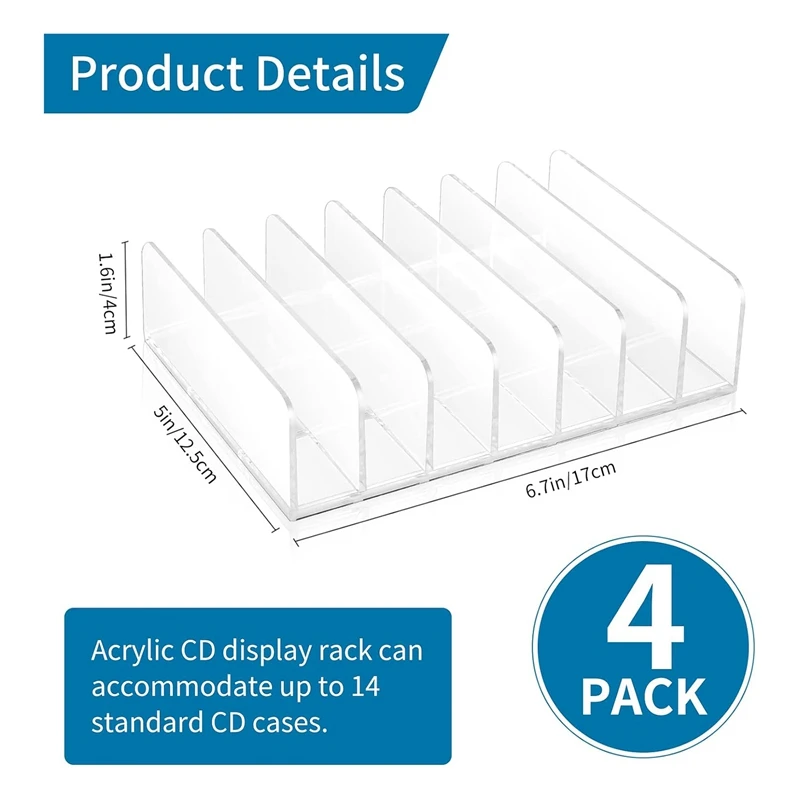 4 Pcs Clear Acrylic CD Holder With Tackable CD DVD Display Rack CD Storage Rack Organizer Stand CD Tray Holds 17 X 12.5 X 4Cm