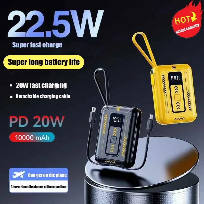 Mini PD22.5W Super Fast Charging Power Bank 10000mAh Large Capacity Comes with Detachable Two-wire Power Bank for IPhone Samsung