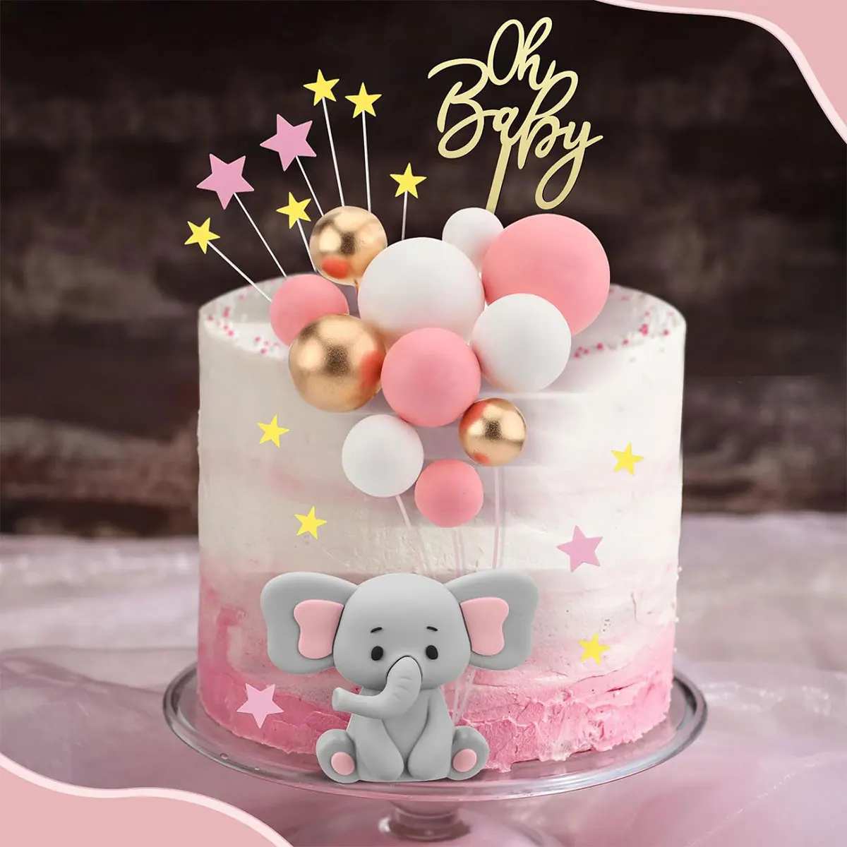 35pcs Pink Elephant Cake Toppers Mini Cake Decorations Cupcake Toppers Pink White Pearl Ball for Girl Baby Shower Birthday