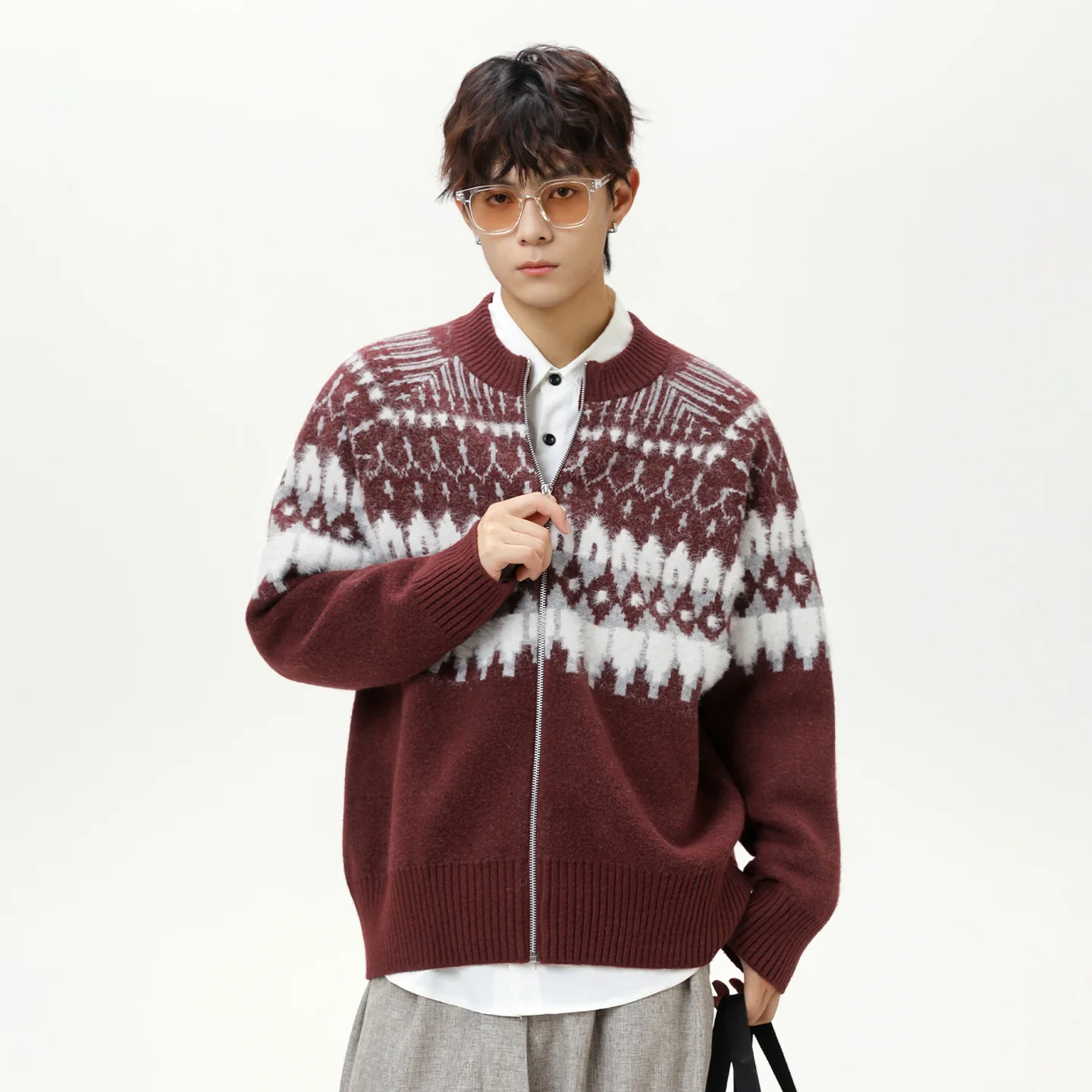 

Мужской кардиган Fair Isle — осенне-зимний винтажный стиль из искусственного меха норки, мягкая текстурированная вязаная верхняя одежда в этническом стиле