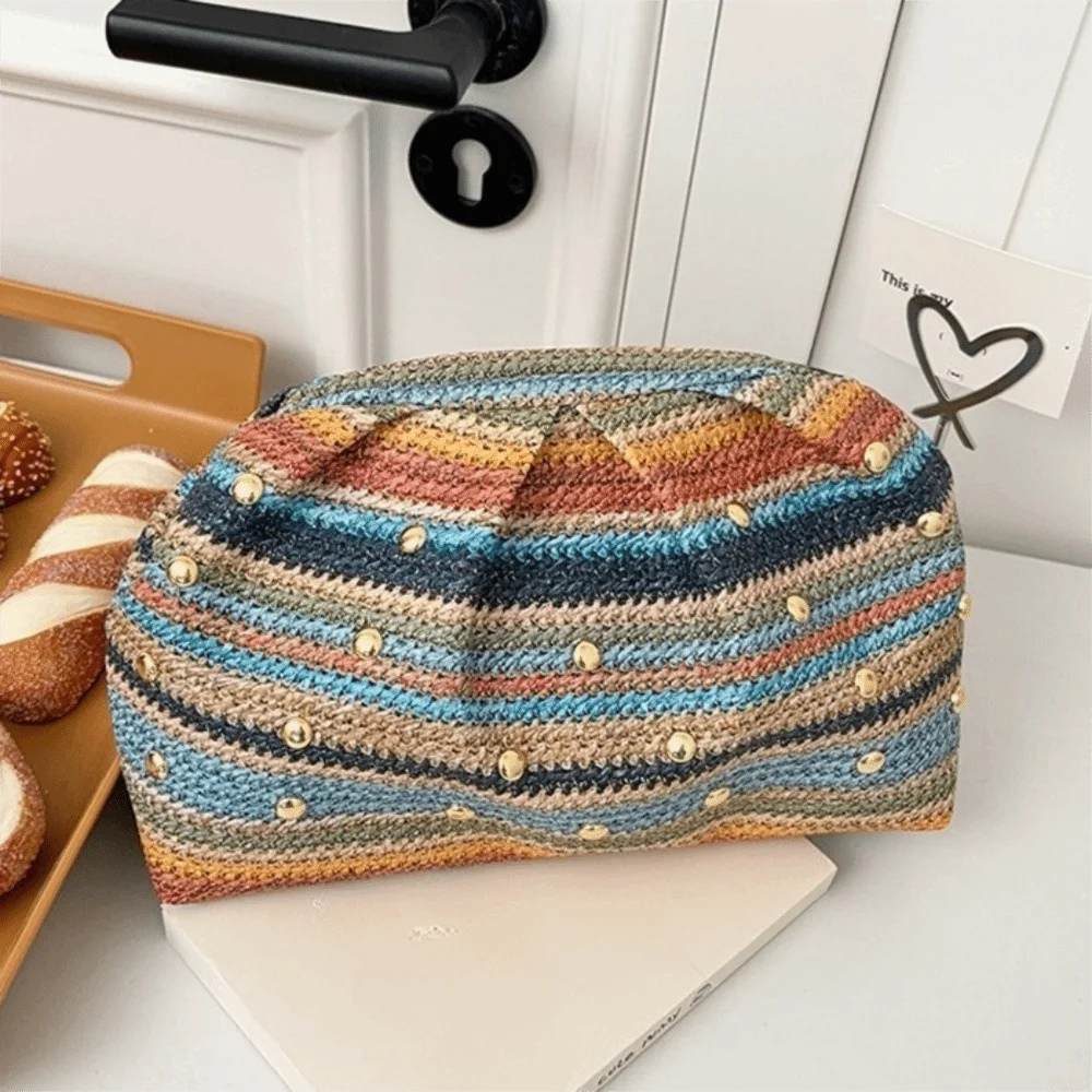 Simple Rainbow Straw Evening Clutch Stripe Rivet Weave Clutch Bag Large Capacity Korean Style Straw Purse Women